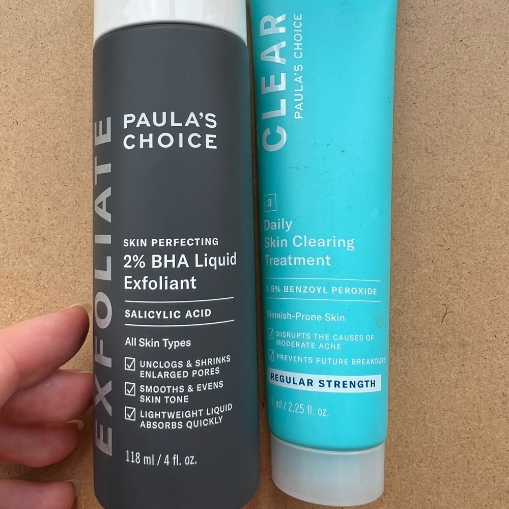 Paula’s choice 2% BHA exfoliant and 2.5% benzoyl peroxide treatment.